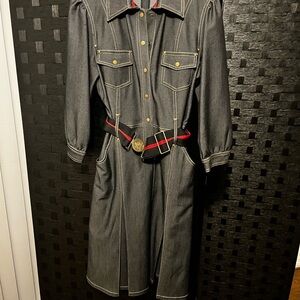 Cache Vintage-Inspired Dark Denim Shirt Dress with Red-Trim Belt